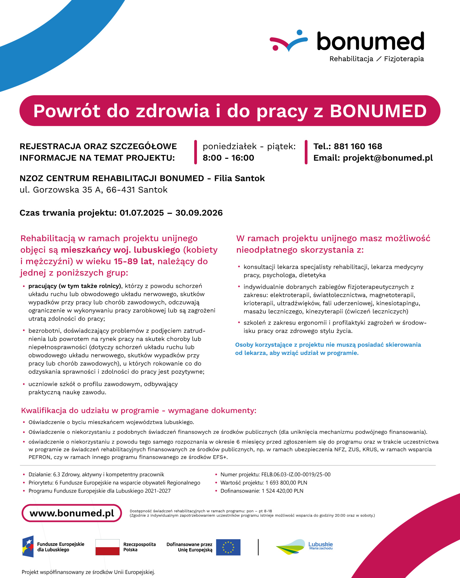 Plakat projektu Powrót do zdrowia i do pracy z BonuMed